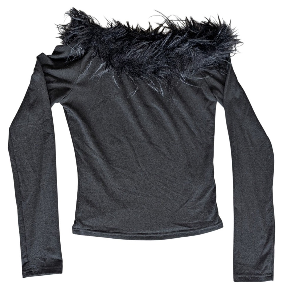 Dazy Black Fur Collar Retro 90s inspire Long Sleeve Stretchy Top Medium